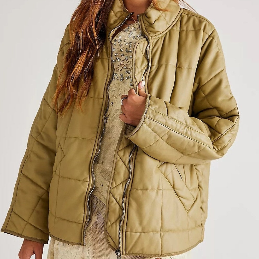 We The Free Dolman Quilted Vegan Faux Leather Olive Green Oversized Jacket